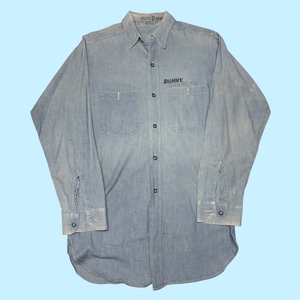 Vintage US Navy Chambray Utility Shirt 1960s USN Stenciled Blue 14.5 Small 11496